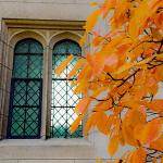 Fall Harkness Chapel Window with orange leaves